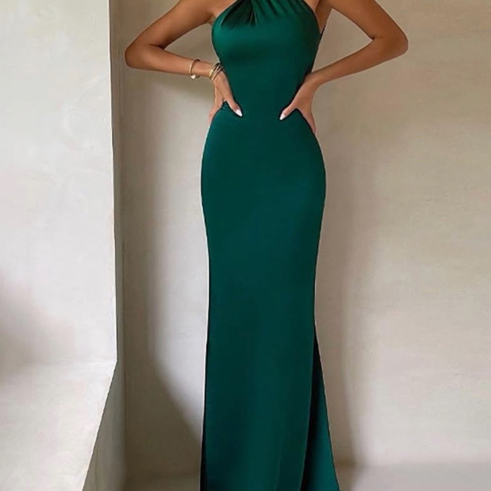 Teal Satin Halter Maxi Dress – Backless – NWT small